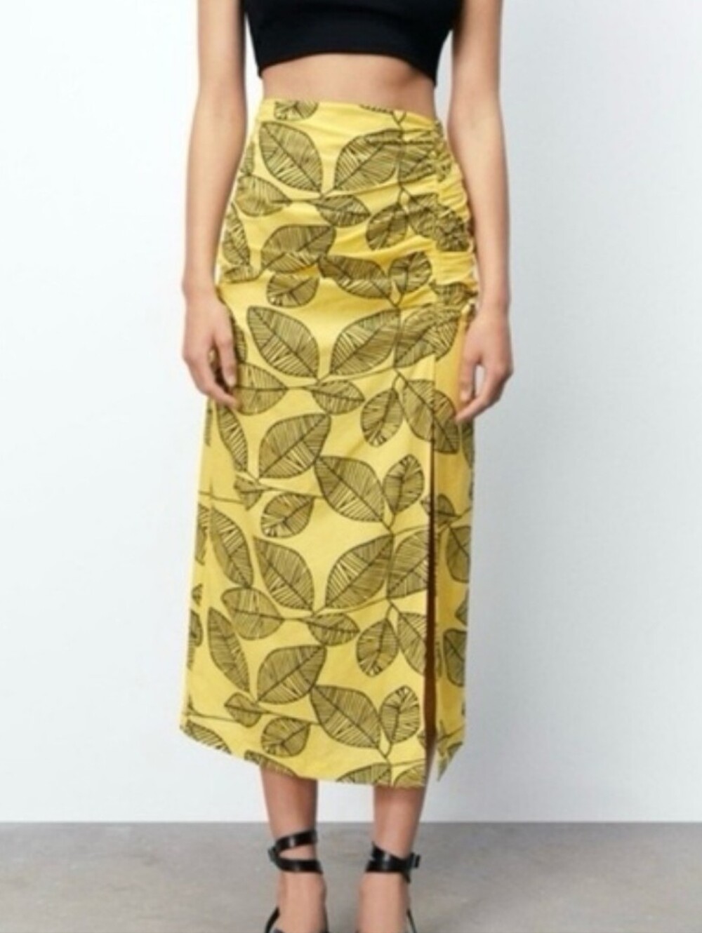 Zara Yellow Botanical Leaf Print Skirt Size XS Linen Blend